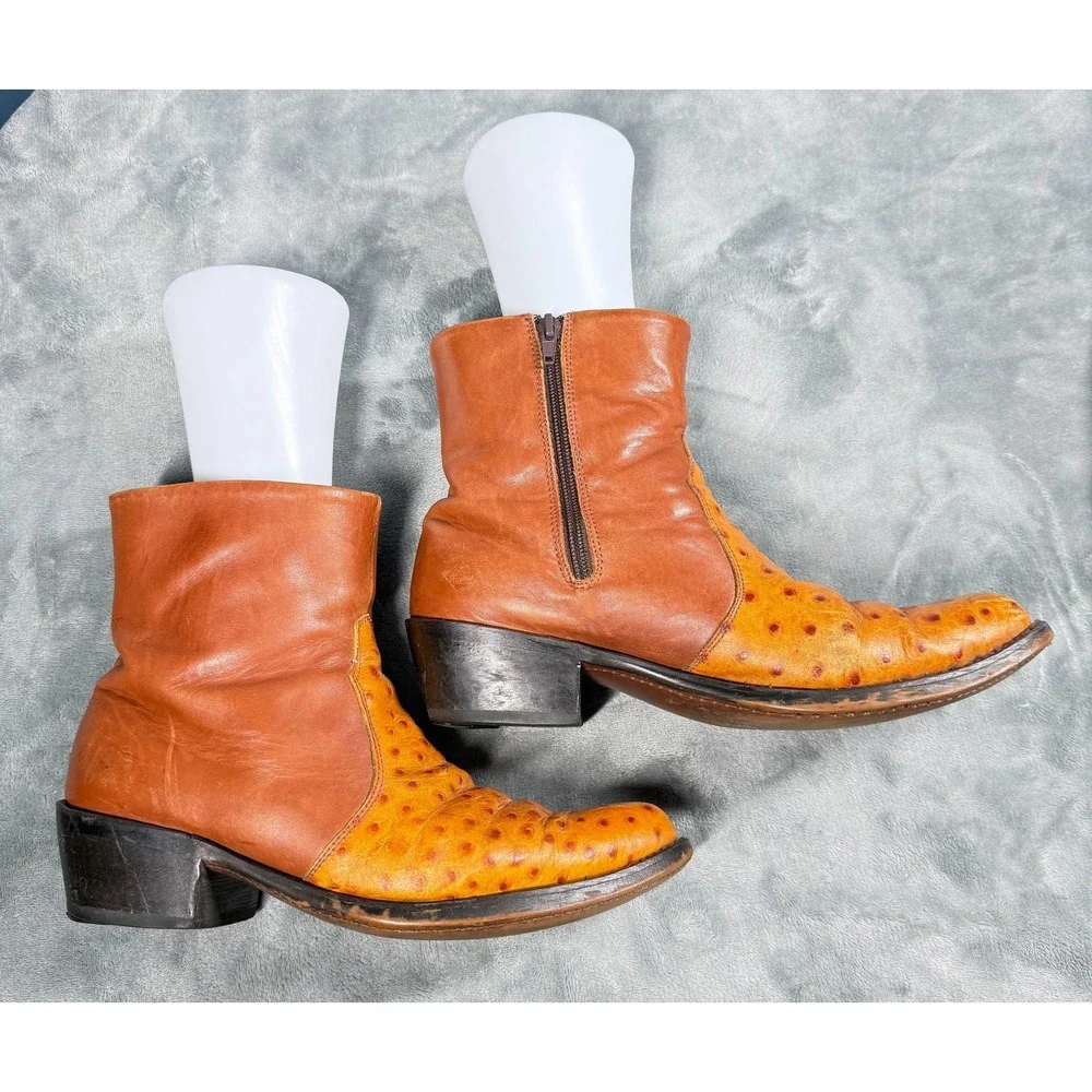 Durango Boots Mens 8.5 D Brown Ostrich Print Leather Ankle Zip Western